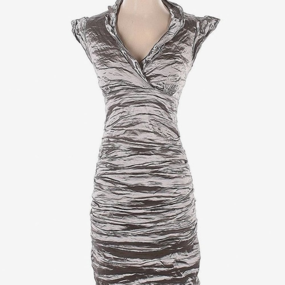 Nicole Miller | Ruched rose-gold metallic cocktail dress w/cap sleeves
